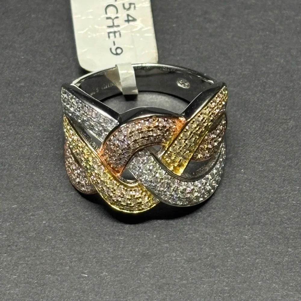 Sterling Silver 925 Pavé CZ Three Tone Interlocking Woven Knot Ring Size 9 6.7g